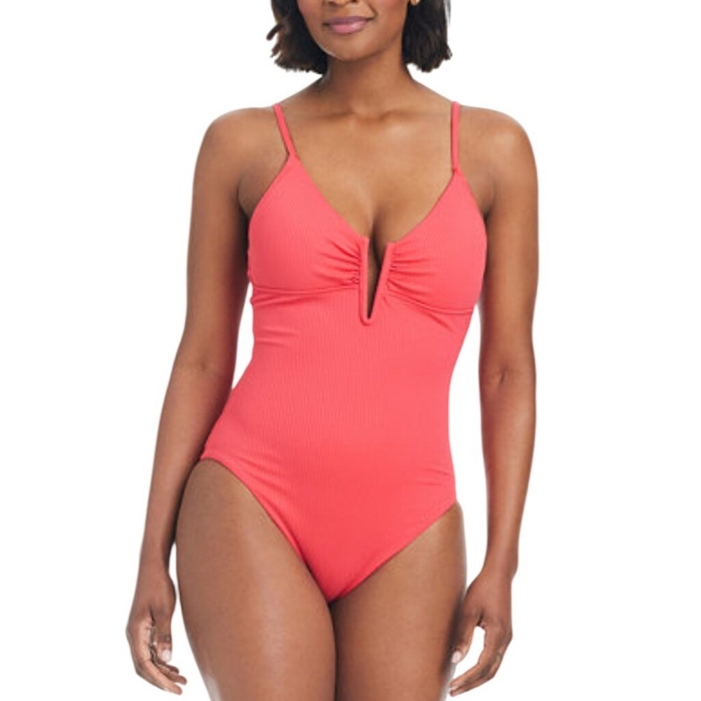 Womens Ribbed V-Wire One Piece Swimsuit Coral Red XL Strappy Back NWT